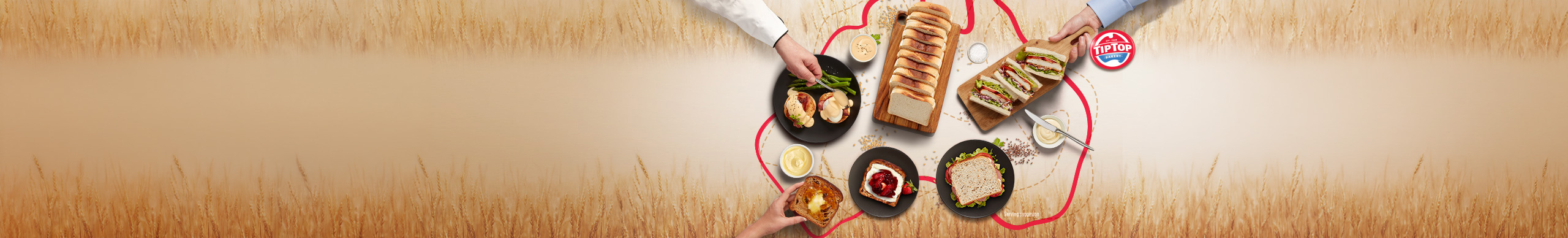 Tip Top Foodservice bakery products including sliced white bread, sandwiches, toast and rolls served as meal